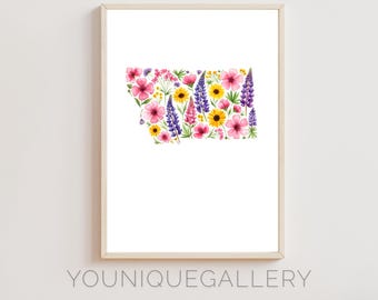 Montana Floral Map Art Print: Watercolor Bitterroot Design (Digital Download)