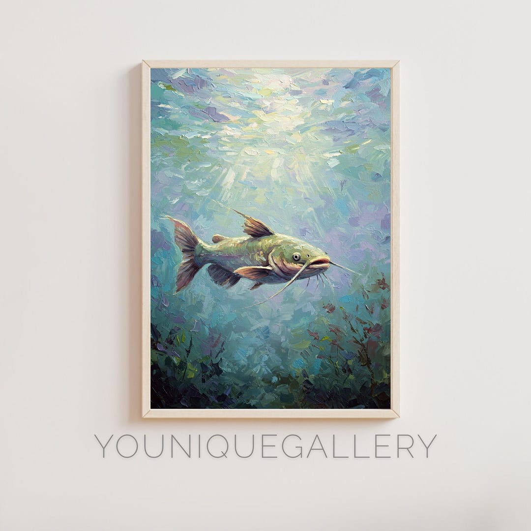 水中ナマズの絵画：素朴な湖畔の家のアート（デジタルダウンロード