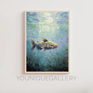 Catfish Printable Painting, Underwater Fishing Wall Art Digital Download, Freshwater Fish Decor, Rustic Lakehouse Nature Poster