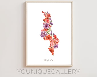 Malawi Map Outline Painting Printable, Colorful African Flower Art, Warm Heart of Africa Decor, Malawian Gift Download