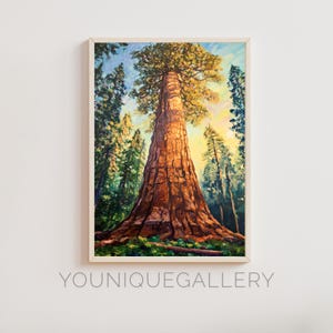 May include: An oil painting of a giant redwood tree, viewed from below, reaching towards a bright sky. The tree's reddish-brown trunk dominates the center, surrounded by green and yellow foliage. The artwork is framed and mounted on a white wall.