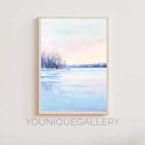 Winter Lake Printable Wall Art | Frozen Landscape Painting | Pastel Blue Snow Print | Serene Nature Decor | Digital Download