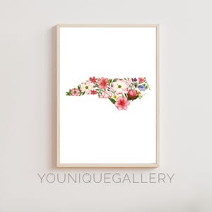 Carte florale de Caroline du Nord, art mural imprimable, cornouiller aquarelle impression poster, téléchargement numérique Tar Heel State Home Decor NC cadeau