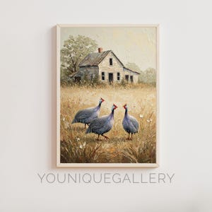 Pintura imprimible de empasto de gallina de Guinea, descarga digital de arte mural de granja, decoración de gallinero campestre, póster rústico de aves
