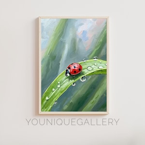 Nyckelpiga-daggdroppemålning: Sommarträdgårdskonsttryck (digital nedladdning)