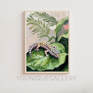 May include: A painting of a leopard gecko on a green leaf with a pink flower in the background.