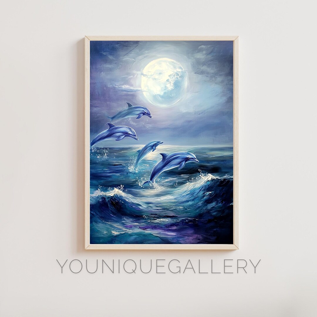Printable Moonlit Dolphins Ocean Oil Painting Wall Art Decor, Digital ...