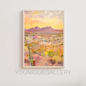 Mesa Arizona Ölgemälde druckbare Wandkunst, Wüste Sonnenuntergang Druck digitaler Download, vier Zinnen Berg Poster Südwesten Dekor, Kaktus Kunst