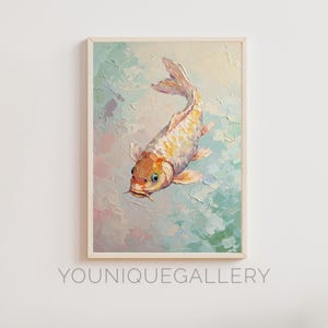 Cuadro imprimible de pez koi, arte mural zen pastel digital, decoración de empastes de inspiración japonesa, póster de agua serena, impresión de Feng Shui