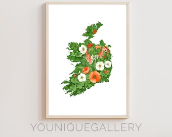 Ireland Map Floral Art Print: Irish Souvenir Wall Decor (Digital Download)