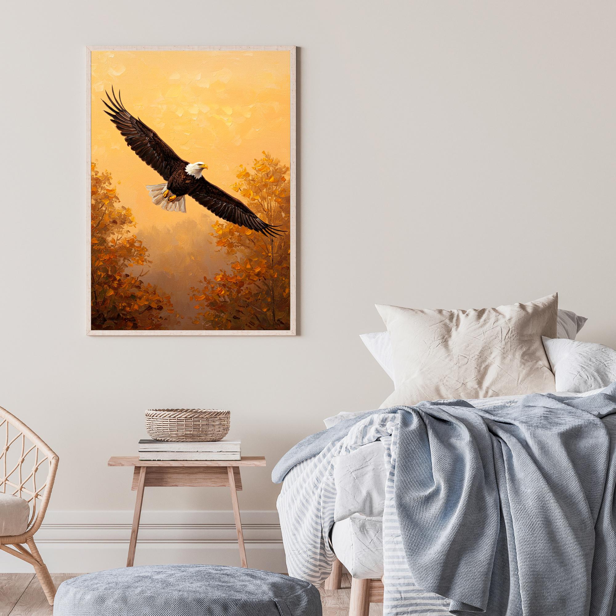飛翔する白頭鷲の絵画：秋の森の野生動物アート（デジタルダウンロード