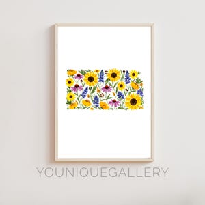 Art mural imprimable carte florale du Kansas, affiche impression aquarelle tournesol State, décoration en téléchargement numérique pour salon, cadeau bureau Kansas