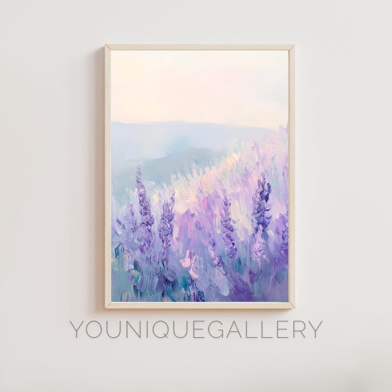ラベンダー畑の絵 ラベンダー畑の印象派絵画：紫の風景画（デジタルダウンロード