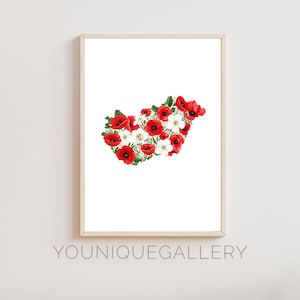 Aquarell Ungarn Landkarte Malerei, Flagge Farben Blumenmuster, ungarische Volkskunst inspiriert Dekor Geschenk