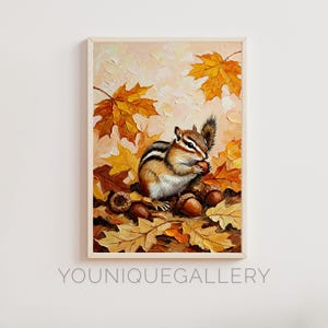 Streifenhörnchen Herbstlaub druckbare Malerei, Herbst Wald Tier Wand Kunst Digitaler Download, Eichel Wald Dekor, rustikale Natur Poster