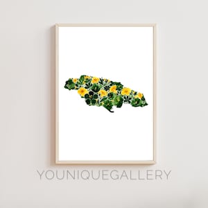 Jamaica Map Outline Painting Print, Jamaican Travel Souvenir Wall Art, Flag Inspired Decor, Caribbean Island Printable Download