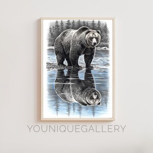 May include: A black and white pencil drawing of a brown bear standing in a river with its reflection in the water. The bear is looking to the right of the image. The background is a forest.