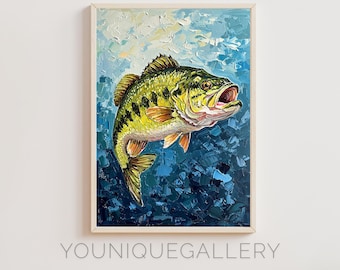 Largemouth Bass Impasto Painting: Rustic Fishing Wall Art (Digital Download)