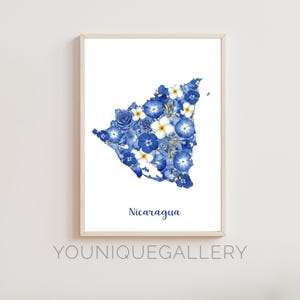 Nicaragua Karte Umriss Malerei Druck, Nica Reise Souvenir Wandkunst, Blau Weiße Flagge inspirierte Dekor, Mittelamerika Printable