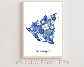 Nicaragua Map Art Print: Blue Floral Silhouette (Digital Download)