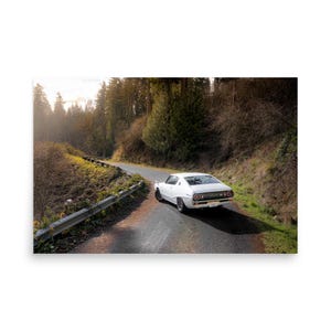 May include: A white vintage sports car driving on a winding road through a forest. The car is driving away from the viewer, and the road is lined with trees on both sides.