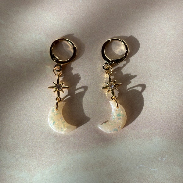 Polymer Clay Earrings | Moon & Star Earrings | Moon Jewelry | Opal | Celestial Jewelry | Huggie Hoops