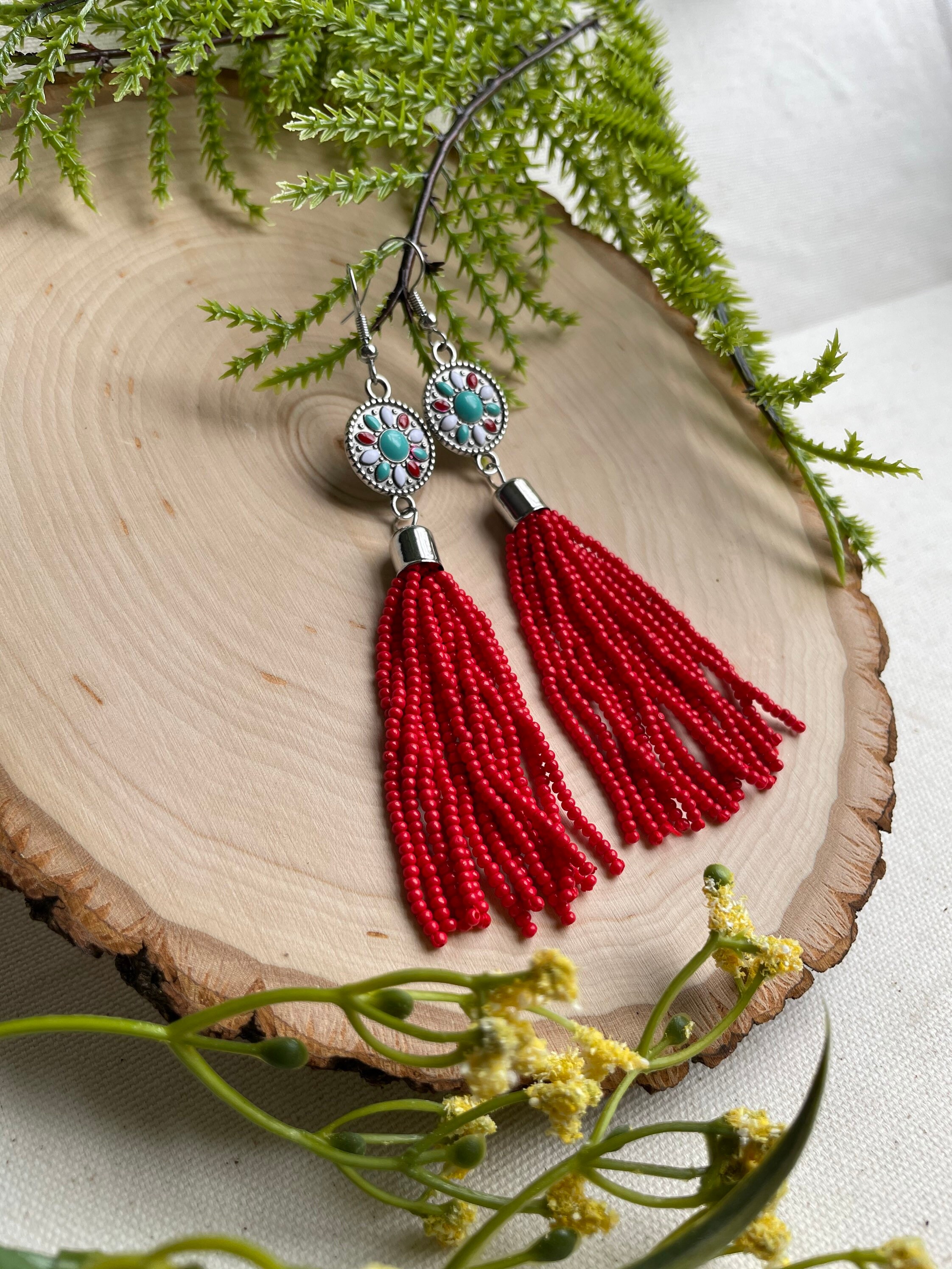 Boho Red Beaded Earrings
