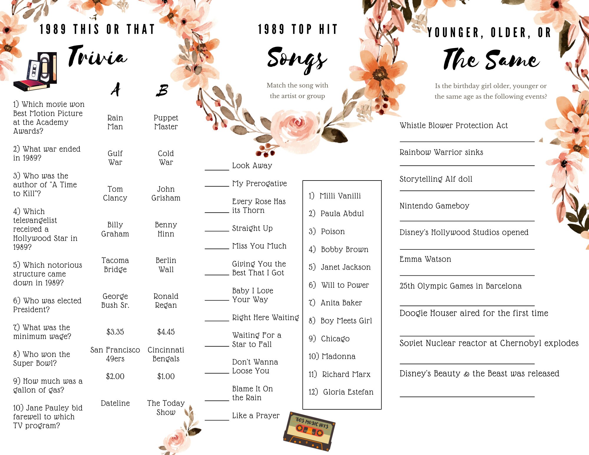 1989 Themed Party Game Brochure, Birthday Party, Bridal Shower, Baby ...