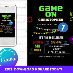 Op de afbeelding: Een zwarte en neon groene verjaardagsuitnodiging voor een feest met een videospelthema. De uitnodiging luidt "Game On Christopher heeft level 7 bereikt. Het is tijd om te vieren!" Het feest is op zaterdag 5 maart van 14:00 tot 17:00 uur in 678 Sunshine Court, City, ST, 12345. RSVP naar Rachel (555) 555-5555.