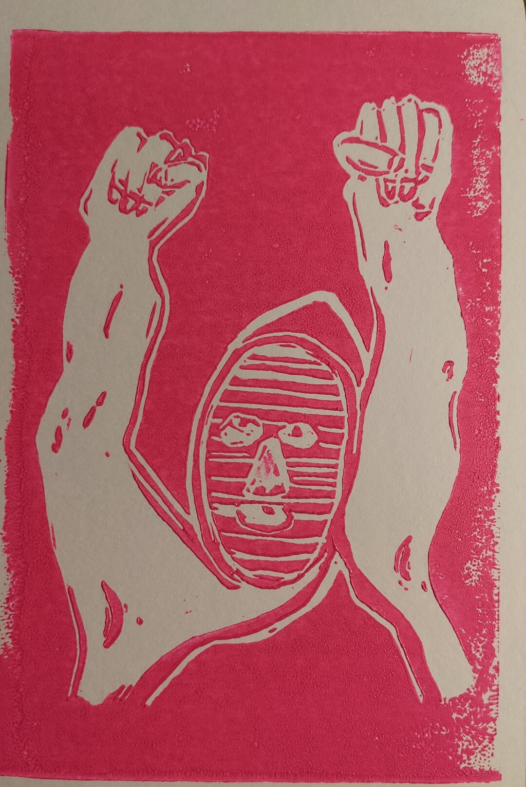 Ink Block Print Pink Wrestler Etsy