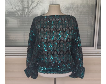 XS/S/M/L 70s/80s Green Sequin Dolman Batwing Sleeve Poncho Party Top