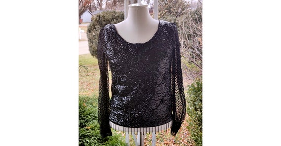 Size small 80s glam lace beads sequin long sleeve… - image 1