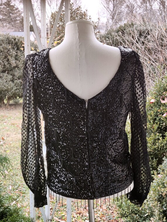 Size small 80s glam lace beads sequin long sleeve… - image 5