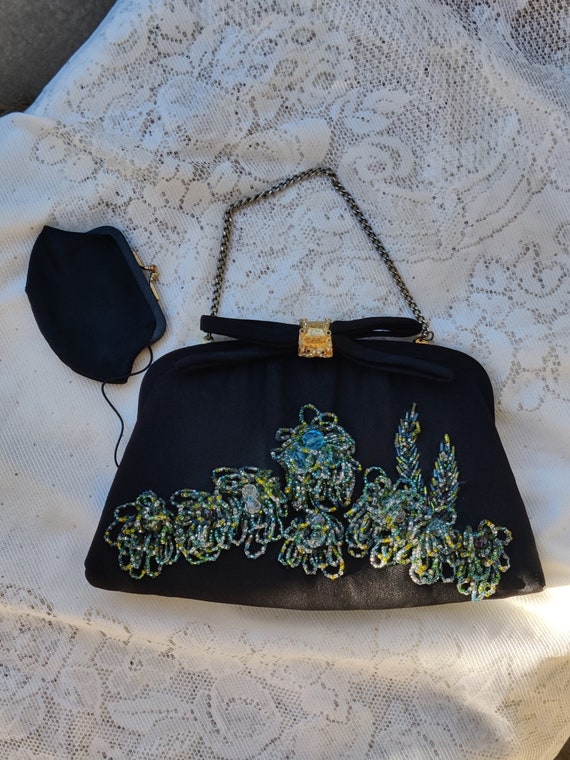 Gate Neck Purse Black Beaded 60s