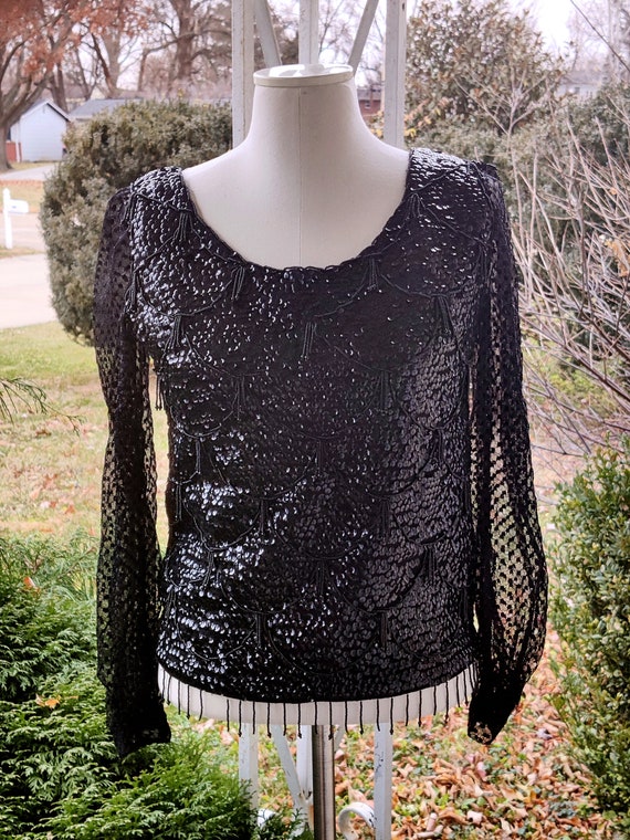 Size small 80s glam lace beads sequin long sleeve… - image 2