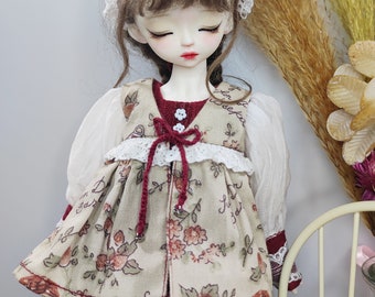 BJD Doll Clothes: 4-Piece Maid Outfit, Floral Dress, Lamb Bandana - YOSD Size