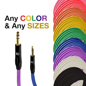 May include: Image features audio cables in various colors, including purple and blue, with gold-colored connectors. The text "Any COLOR & Any SIZES" is displayed in the upper left corner, with a rainbow of cables in the background.