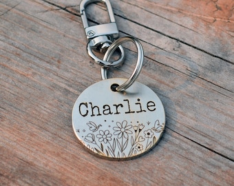 Dog Tag Dog with Flowers Design | Lobster Clasp is Included | Custom ID Tag