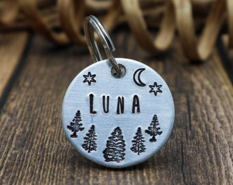 Tree and Moon Pet ID Tag - Dog Collar Tag - Pet Name Tag - Hand Stamped Dog Tag - Custom -Dog Tag - Engraved - Personalized - New Pet