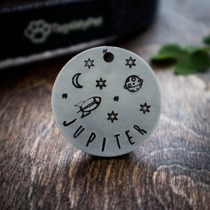 Dog Tag Space Theme | Custom Dog Tag | Mdaille Chien - Dog Collar Tag - Pet Name Tag - Hand Stamped Dog Tag - Custom -Dog Tag - Personalized