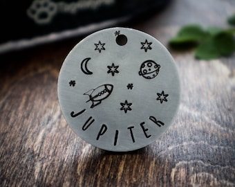 Dog Tag Space Theme | Custom Dog Tag | Mdaille Chien - Dog Collar Tag - Pet Name Tag - Hand Stamped Dog Tag - Custom -Dog Tag - Personalized