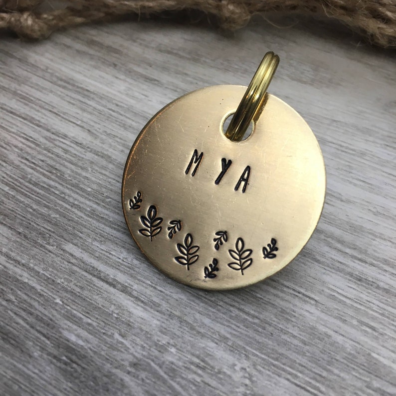 Brass handstamped cat tag with leaf's