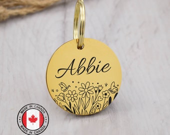 Personalized Pet ID Tag Flowers in Gold, Rose Gold, Black and Silver | Custom Dog Tag with Contact Information