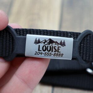 May include: Black nylon dog collar with a silver engraved tag featuring a mountain range and trees with the name "LOUISE" and phone number "204-555-8888".