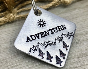 Hand stamped Dog Tag Adventure Design Silver or Gold | Gift for Dogs | Custom Dog Tag | Personalized ID Tag