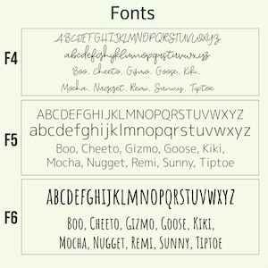 May include: A comparison of three different fonts, labelled F4, F5, and F6. Each font is shown in uppercase and lowercase letters, along with a list of words in the font.