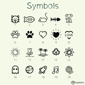 May include: A black and white graphic design chart featuring 20 different symbols. The symbols include a cat, fish, mouse, bone, dog, paw print, heart, sun, flower, ghost, planet, rocket, music note, and ball of yarn. The chart is labelled "Symbols" at the top.