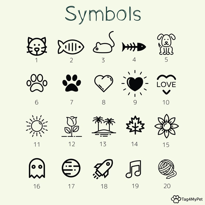 May include: A black and white graphic design chart featuring 20 different symbols. The symbols include a cat, fish, mouse, bone, dog, paw print, heart, sun, flower, ghost, planet, rocket, music note, and ball of yarn. The chart is labelled "Symbols" at the top.