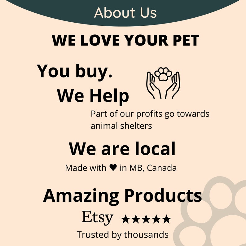 May include: A graphic with the text "We Love Your Pet" and a paw print icon. The text "You buy. We Help" is below the graphic. The text "Part of our profits go towards animal shelters" is below the text "We Help". The text "We are local" is below the text "Part of our profits go towards animal shelters". The text "Made with &hearts; in MB, Canada" is below the text "We are local". The text "Amazing Products" is below the text "Made with &hearts; in MB, Canada". The text "Etsy" and five stars are below the text "Amazing Products". The text "Trusted by thousands" is below the text "Etsy" and five stars.