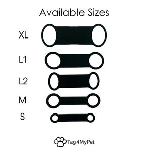 May include: A chart showing five different sizes of black dog collars labelled XL, L1, L2, M, and S. The text "Available Sizes" is at the top of the chart. The text "Tag4MyPet" is at the bottom of the chart.